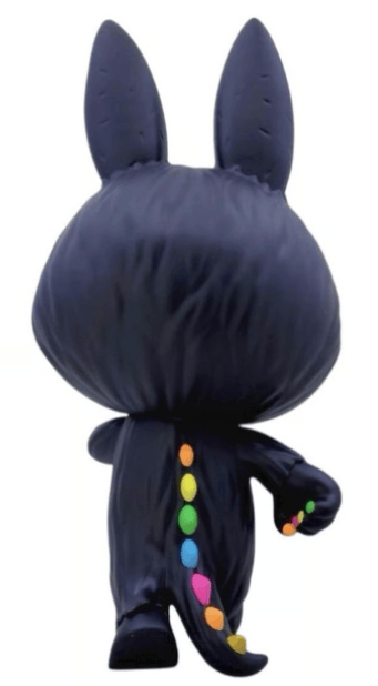 A black cartoon figure with large ears walks away, featuring neon dots on its back and tail—the ST Zimomo Black and Neon collectible from How2Work (HK), an eye-catching piece that resembles a glowing toy.