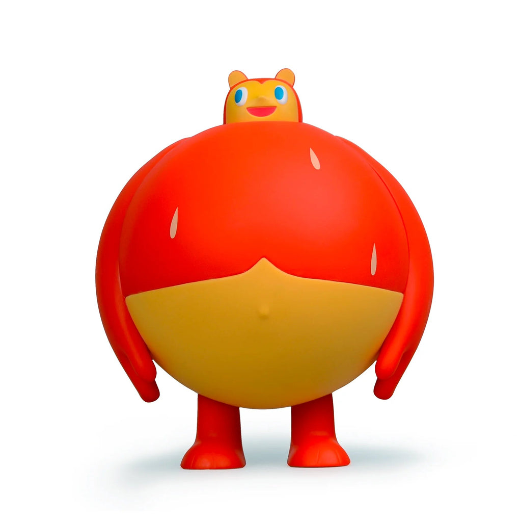 A red Sugar Booger Vinyl Figure standing on a white background by Heavy Cream.