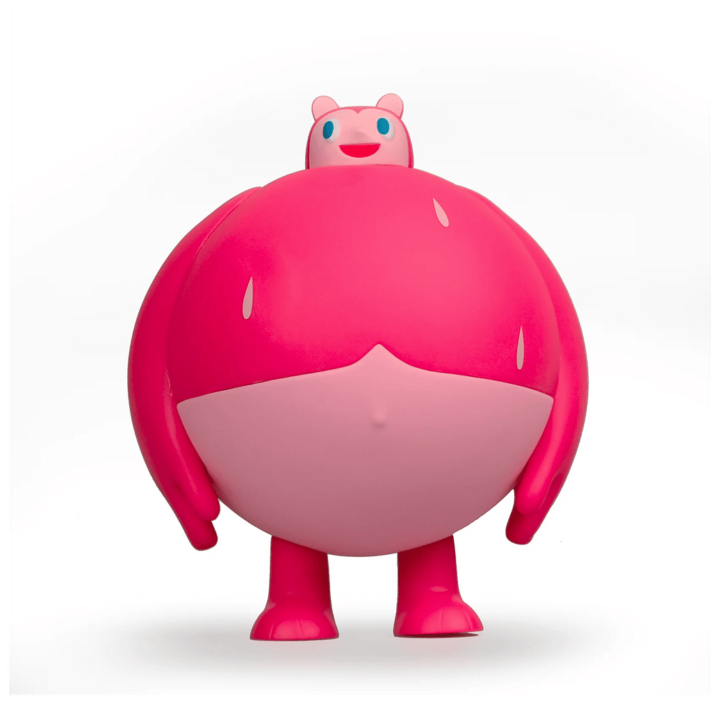 A pink Sugar Booger Vinyl Figure bear designed by Kevin Scalzo, standing on a white background by Heavy Cream.