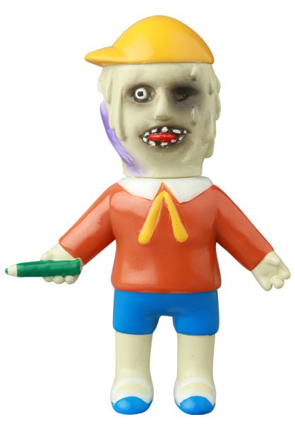 The VAG 42 - Toromikun by Yoshimoto Kogyo from Medicom (JP) is a quirky Japanese vinyl collectible figure featuring zombie-like traits, a yellow cap, red shirt, blue shorts, and a green crayonâperfect for gachapon enthusiasts.