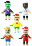 Five VAG 42 - Toromikun gachapon figures by Yoshimoto Kogyo for Medicom (JP), in colorful outfits and hats, are arranged in a triangular pattern, highlighting the fun style of Japanese vinyl toys against a white background.