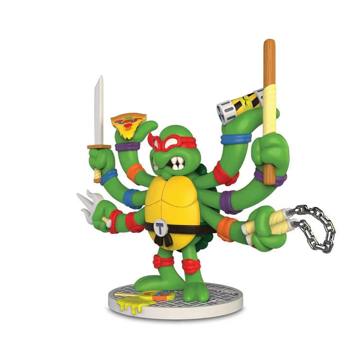 The Kidrobot (US) Teenage Mutant Ninja Turtles TMNT GURU Resin Figure by CHOGRIN stands on a round base wielding six accessories—a must-have collectible for any TMNT fan.