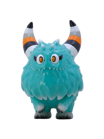 Rangeas Rex Jr. — Tiff by The Little Hut (HK) is a turquoise collectible with striped horns, orange eyes, and a fluffy body standing on two legs in the tiff colorway against a white background.