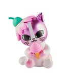 The Tokidoki Cherry Blossom Cats- Single Blind Box features a metallic purple and white cat with green eyes, a pink flower hat, and pink ice cream cone—ideal for cherry blossom season or expanding your Tokidoki collectible set.