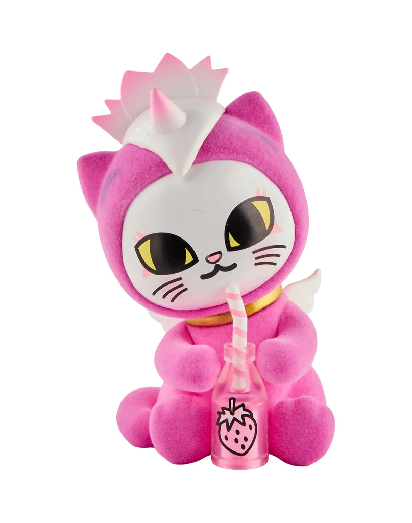 Celebrate cherry blossom season with a Tokidoki Cherry Blossom Cats Single Blind Box figurine—a pink cartoon cat wearing a white crown and holding a strawberry-adorned pink bottle with straw, from Tokidoki.
