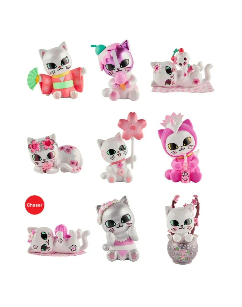 The Tokidoki Cherry Blossom Cats–Single Blind Box features collectible figurines inspired by cherry blossom season, each with pink floral accents and unique name labels, from the beloved Tokidoki brand.