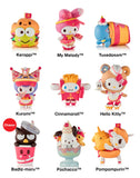 Nine vibrant Tokidoki x Hello Kitty & Friends Fast Food Blind Box figures by tokidoki (IT) are shown in three rows on a white background, featuring favorites like Keroppi, My Melody, and Tuxedosam in cute food-themed designs.