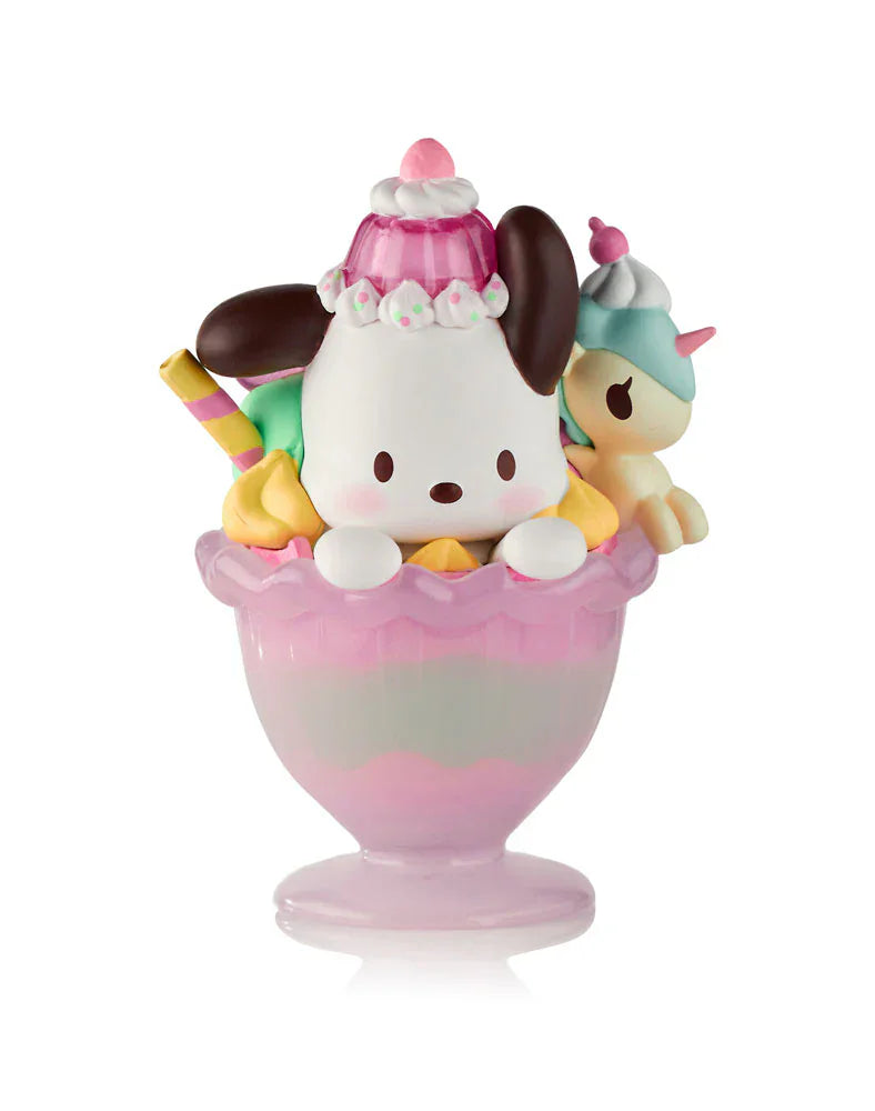 The tokidoki (IT) Special Edition Pochacco Pink Unicorno Sundae figurine features a cute dog with ice cream decorations, sitting in a pink sundae glass—part of the Hello Kitty & Friends Fast Food collection.