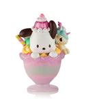 The tokidoki (IT) Special Edition Pochacco Pink Unicorno Sundae figurine features a cute dog with ice cream decorations, sitting in a pink sundae glass—part of the Hello Kitty & Friends Fast Food collection.