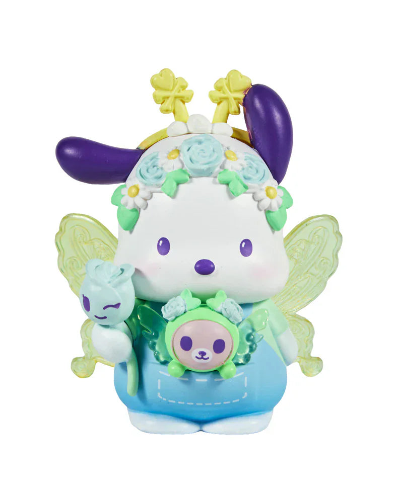 A pastel tokidoki x Hello Kitty figurine with wings, floral headband, purple ears, blue outfit, wand, and bear accessory—part of the Tokidoki x Hello Kitty and Friends Butterfly Garden Blind Box by Rotofugi.