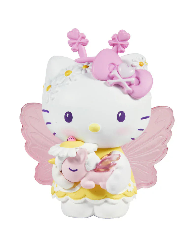 The Rotofugi Tokidoki x Hello Kitty and Friends Butterfly Garden Blind Box features a collectible figurine with pink butterfly wings, a flower crown, yellow dress, and a small pink unicorn.