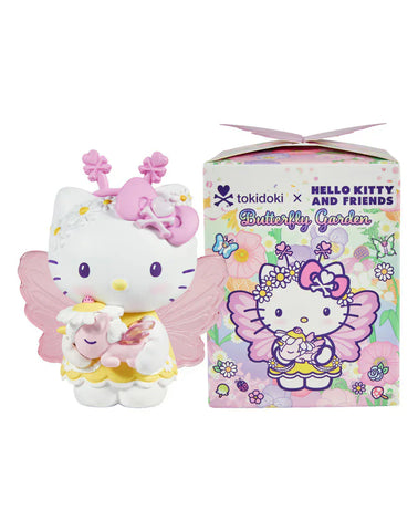 A Tokidoki x Hello Kitty and Friends Butterfly Garden Blind Box by Rotofugi features a Hello Kitty figurine with butterfly wings and pink accents, perfect for fans of collectible toys and blind box surprises.