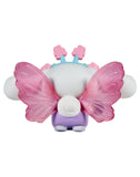 The Rotofugi Tokidoki x Hello Kitty and Friends Butterfly Garden–Cinnamoroll & Rosie Special Edition figure is shown from behind, featuring translucent pink butterfly wings, purple legs, a white tail, and blue-pink accents on its head.