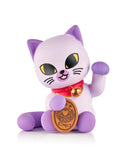 A purple and white cartoon-style kitty from the Tokidoki Lucky Cats Blind Box by tokidoki (IT), featuring a raised paw, red collar with a bell, and an oval coin.