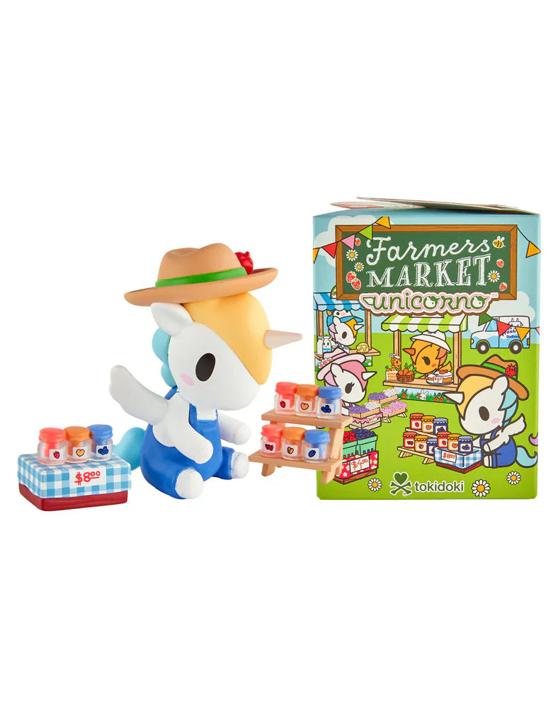 A tokidoki Farmers Market Unicorno Blind Box figurine sits beside small jars, making it a delightful addition to any tokidoki collection.