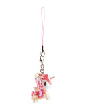 The tokidoki Shimmer Cherry Blossom Unicorno Frenzies Blind Box features a small pink and white keychain with floral patterns, pink strap, and silver clasp—perfect for fans of clip-on cuties.