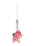 The Tokidoki Shimmer Cherry Blossom Unicorno Frenzies Blind Box by tokidoki features a pink unicorn keychain with a purple-haired rider, attached to a metal ring and pink strap—ideal for fans of cute clip-on accessories.