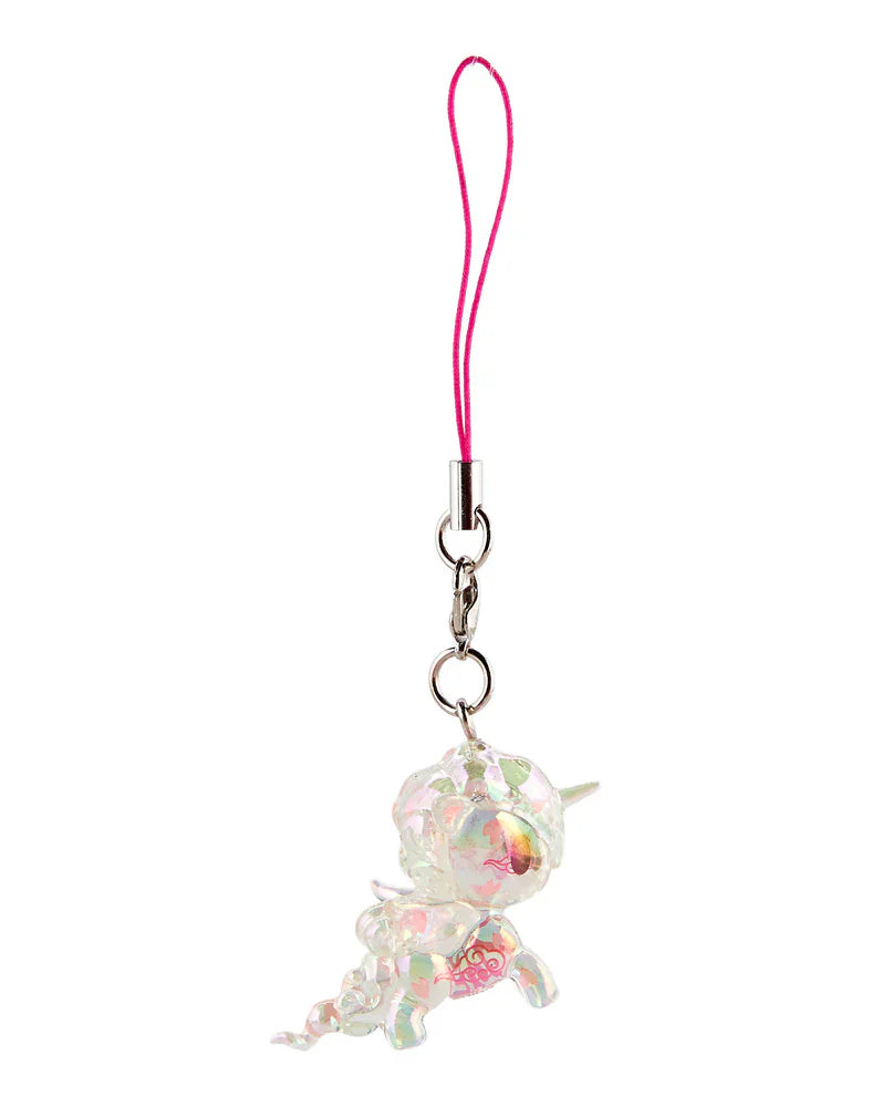 The tokidoki Shimmer Cherry Blossom Unicorno Frenzies Blind Box features a small iridescent keychain with a pink strap and metal clip—one of the adorable surprises you could discover inside.
