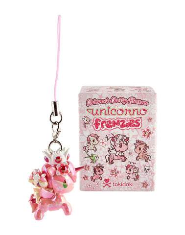 The Tokidoki Shimmer Cherry Blossom Unicorno Frenzies Blind Box by tokidoki features a pink unicorn keychain with floral accents and a pink strap—an adorable collectible for your clip-on cuties collection.