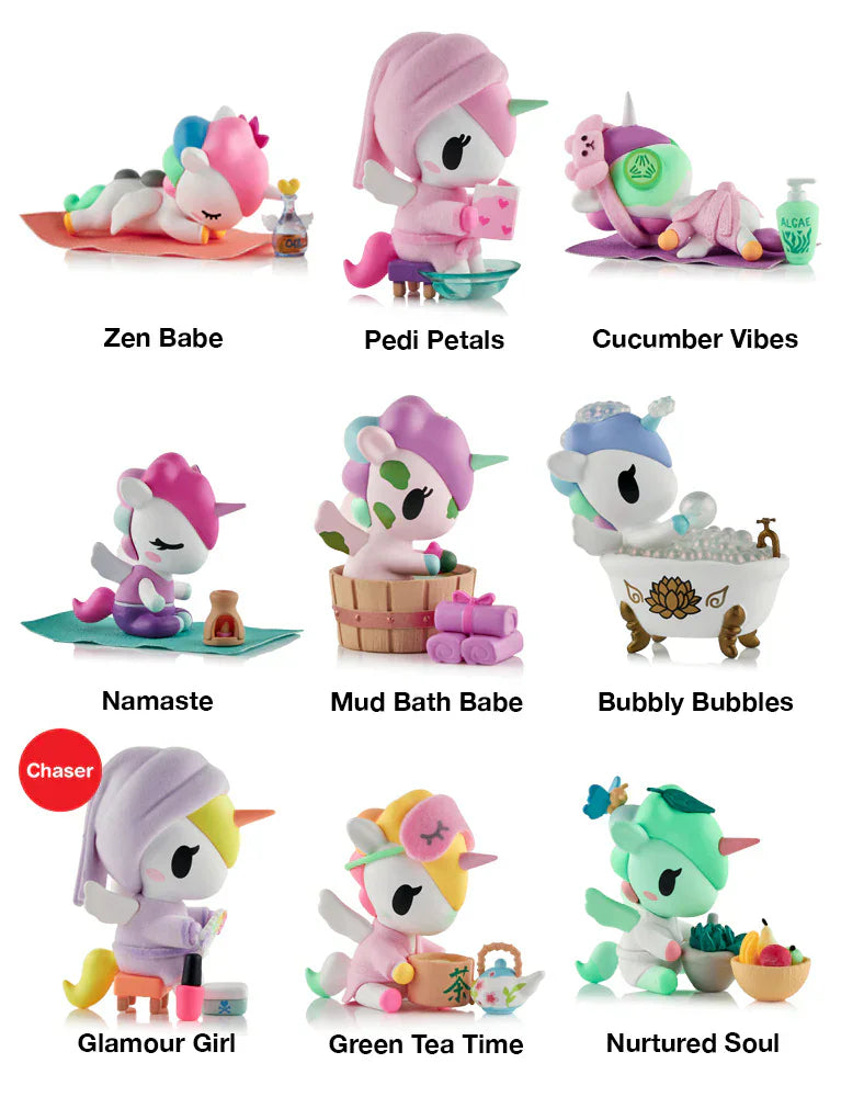 Nine kawaii unicorn figurines from Tokidoki’s Spa Day Unicorno Blind Box come with spa-themed accessories and names like Zen Babe, Pedi Petals, and Cucumber Vibes.