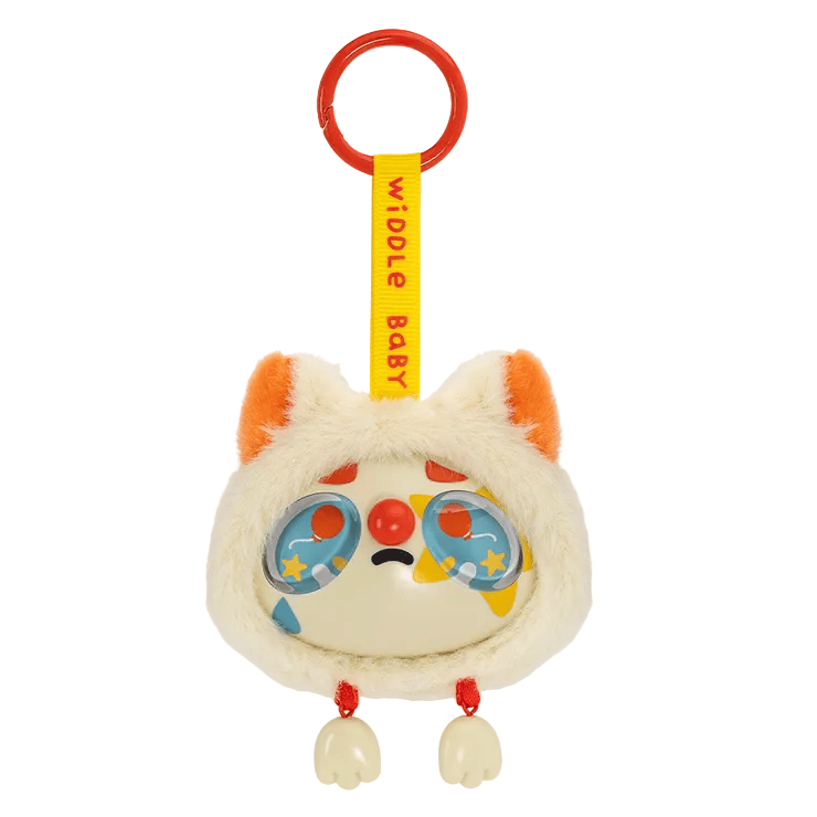 A Widdle Baby Big World Bag Clip Blind Box keychain from Kaleidos Creative, featuring a plush character with a round face, colorful shapes, and a sad expression, dressed in a fuzzy hood with orange ears. The keychain has a red ring and a yellow tag labeled “wD0LE BABY,” plus two small dangling feet.