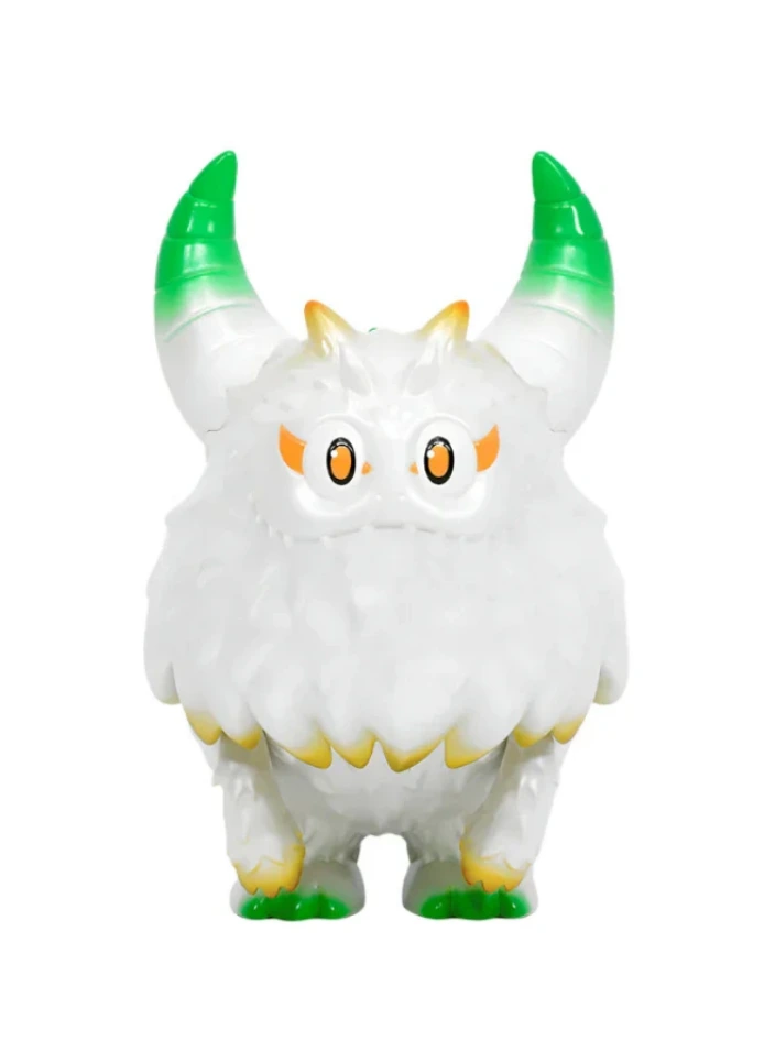 The Little Hut (HK) Rangeas Rex Jr. — White & Gold features a white, furry creature with green-tipped horns, orange eye accents, and yellow feet details, showcased in a striking white and gold colorway against a plain background.