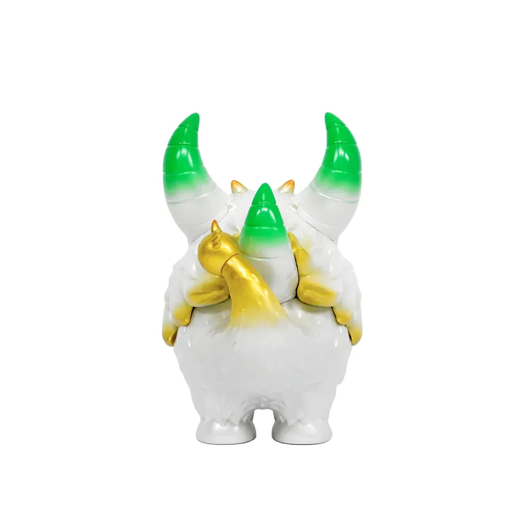 The Little Hut (HK)'s Rangeas Rex Jr. — White & Gold collectible toy stands upright, with green-tipped horns and gold arms, facing forward against a plain white background.