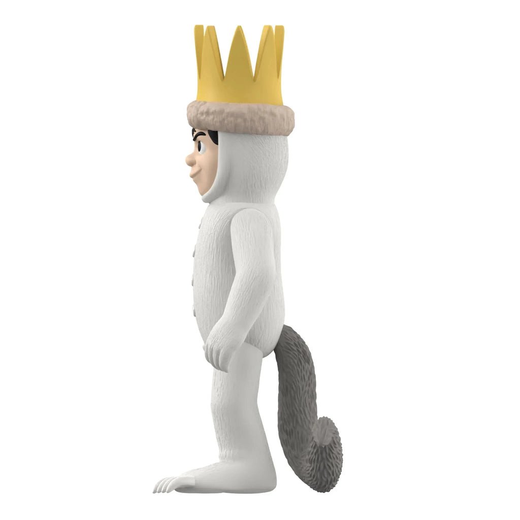 Side view of the Super 7 (US) Where the Wild Things Are ReAction Figure - Max in a white animal suit, gray tail, and yellow crown—ideal collectible for fans of this beloved story.