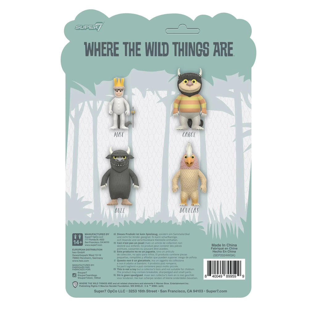 Back of Super 7's Where the Wild Things Are ReAction Figure - Max package, showing articulated figures of Max, Carol, Bull, and Douglas named on a forest background. Collect Max and more from Super 7’s ReAction line!.