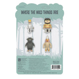 Back of Super 7's Where the Wild Things Are ReAction Figure - Max package, showing articulated figures of Max, Carol, Bull, and Douglas named on a forest background. Collect Max and more from Super 7’s ReAction line!.