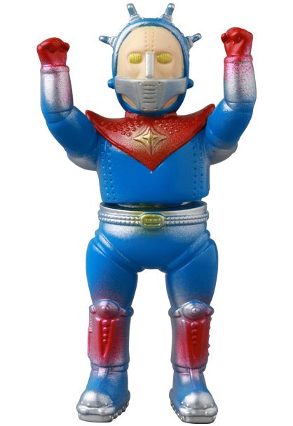 VAG 41 — Space Guy 56 by Medicom (JP) is a blue, red, and silver robot vinyl toy with raised arms, spiked helmet, and yellow visor—ideal for fans of Vinyl Artist Gacha and collectible gachapon figures.