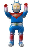 VAG 41 — Space Guy 56 by Medicom (JP) is a blue, red, and silver robot vinyl toy with raised arms, spiked helmet, and yellow visor—ideal for fans of Vinyl Artist Gacha and collectible gachapon figures.