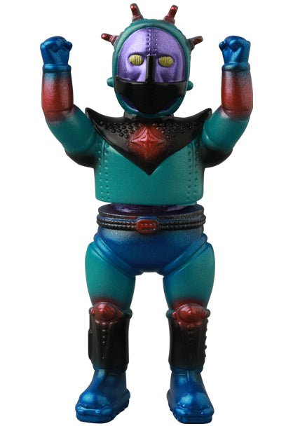 Medicom (JP) VAG 41 — Space Guy 56 is a vibrant vinyl gacha robot with a purple head, antennae, raised arms, blue-green body, and black chest and leg armor—ideal for fans of Japanese gachapon figures.