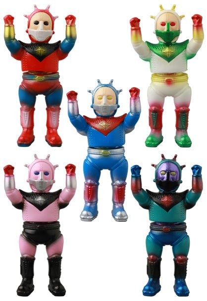 Five colorful VAG 41 — Space Guy 56 robot figures by Medicom (JP), styled like Japanese vinyl toys with raised arms and unique red, green, blue, pink, and black color schemes, are displayed against a plain background.