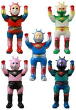 Five colorful VAG 41 — Space Guy 56 robot figures by Medicom (JP), styled like Japanese vinyl toys with raised arms and unique red, green, blue, pink, and black color schemes, are displayed against a plain background.