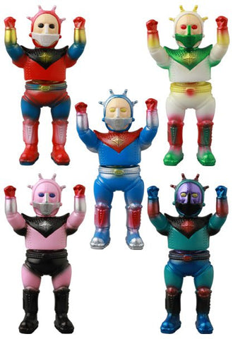 Five colorful VAG 41 — Space Guy 56 robot figures by Medicom (JP), styled like Japanese vinyl toys with raised arms and unique red, green, blue, pink, and black color schemes, are displayed against a plain background.
