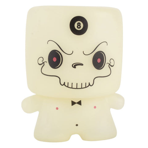 Introducing "Grim Marshall" by 64 Colors, a limited edition collectible from the renowned brand Squibbles Ink + Rotofugi (US). This unique figure features a cubical head with a glowing face emblazoned with the number 8 symbol on top, displaying an angry expression and showcasing a bow tie design on its body.