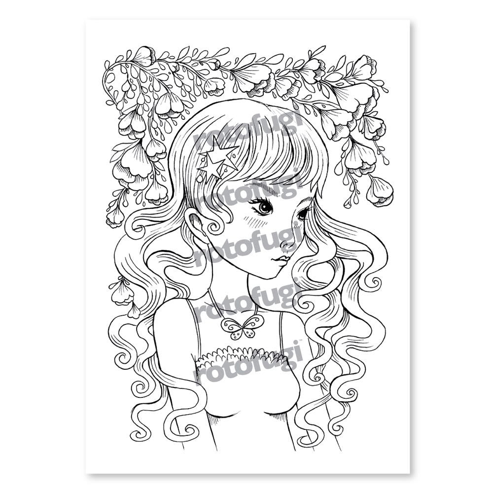 This is an image of a girl with flowers in her hair, perfect for Rotofugi Coloring Cards Set 1 - Jeremiah Ketner or coloring cards.