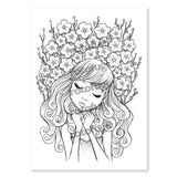A black and white drawing of a girl with flowers in her hair, suitable for coloring Rotofugi Coloring Cards Set 1 - Jeremiah Ketner.
