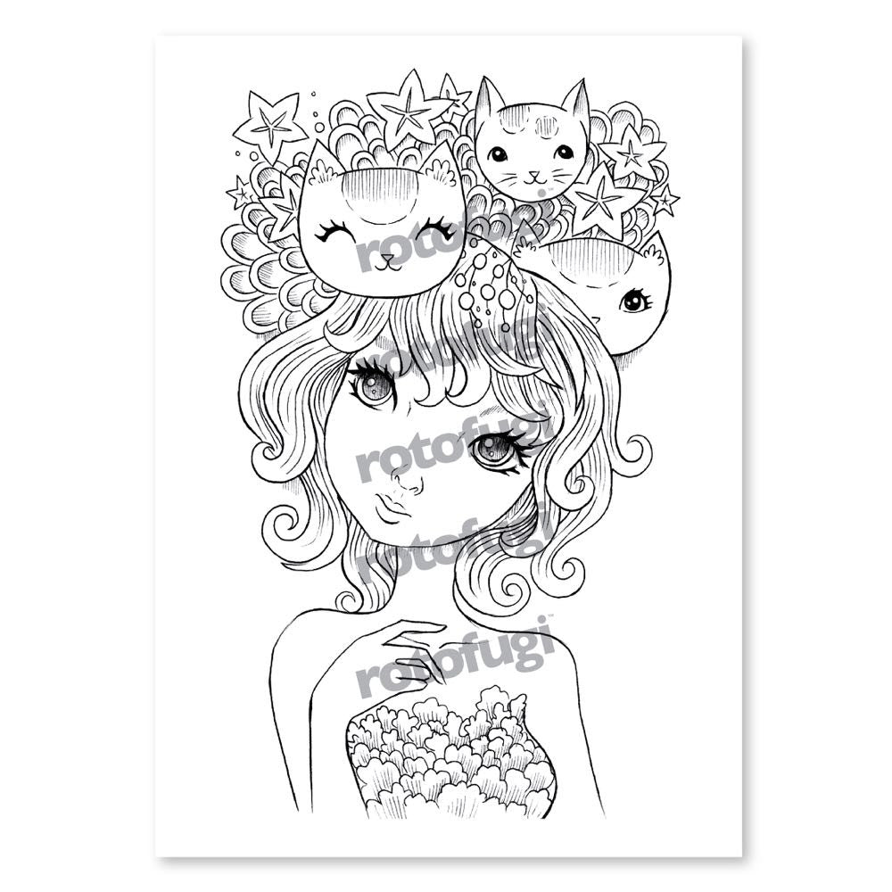 An artistically rendered image of a girl with cats on her head, suitable for Rotofugi Coloring Cards Set 1 - Jeremiah Ketner or a coloring game.