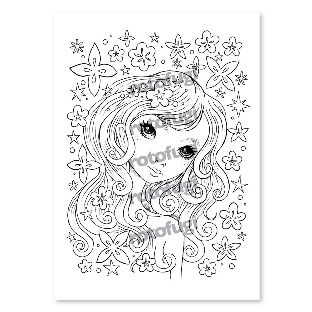 A Rotofugi Coloring Cards Set 1 - Jeremiah Ketner with a girl with long hair and stars, perfect for artists of all ages.