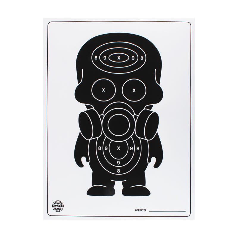 A black and white picture of a man in a gas mask, printed with black ink on lightweight paper, featuring the Playge (HK/US) Black Gassed Target Print.
