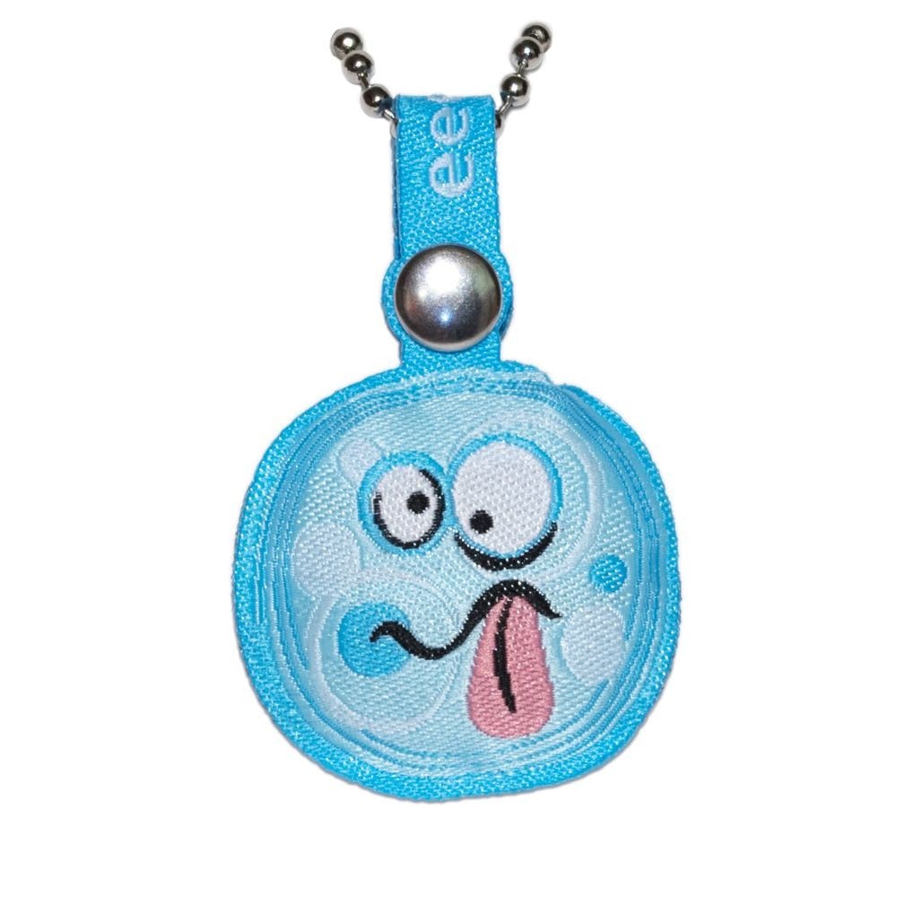 A blue Under the Weather eeensy Charms - Blind Box pendant with a cartoon face charm on it by Squibbles Ink + Rotofugi (US).