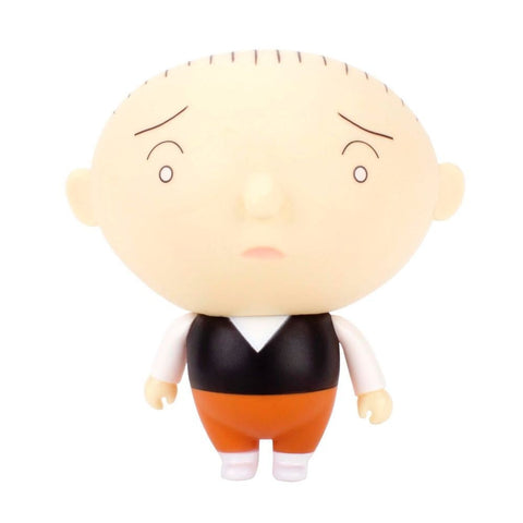 The Jimmy Corrigan Vital Animus Vinyl Doll by Presspop features the cartoon character with a large round head, sparse hair, worried expression, black vest, white shirt, and orange pants.