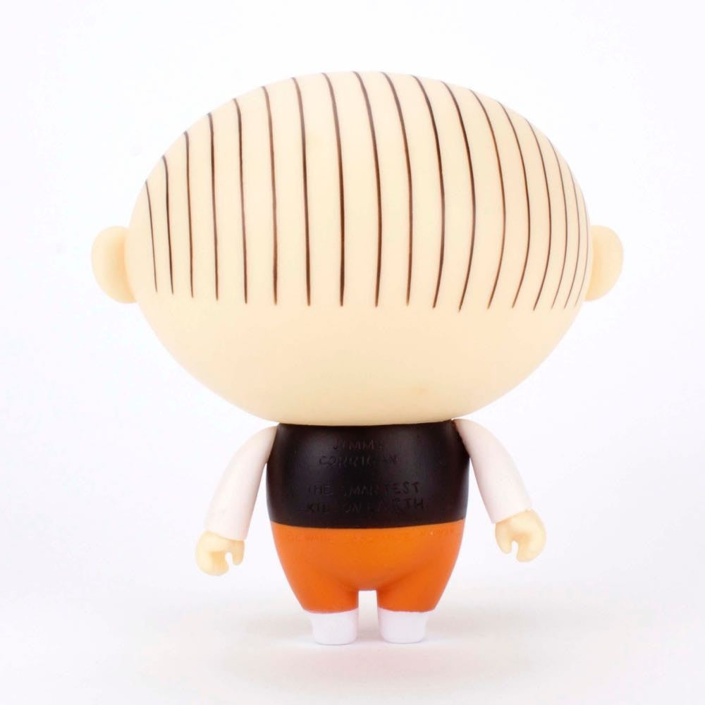 The Jimmy Corrigan Vital Animus Vinyl Doll by Presspop (JP) features a large round head with vertical scalp lines, a black vest, orange pants, and white shoes, shown from the back in classic Chris Ware style against a white background.