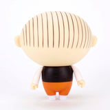 The Jimmy Corrigan Vital Animus Vinyl Doll by Presspop (JP) features a large round head with vertical scalp lines, a black vest, orange pants, and white shoes, shown from the back in classic Chris Ware style against a white background.