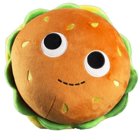 The Kidrobot (US) Bunford Burger 10-inch Yummy World plush features big black-and-white eyes, a stitched smile, and yellow and green accents—this cute hamburger plush adds playful charm to any collection.