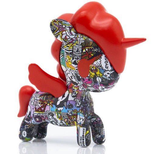 A small figurine of a unicorn with a red horn inspired by Japanese comics - Tokidoki's Manga Mania Unicorno Blind Box.