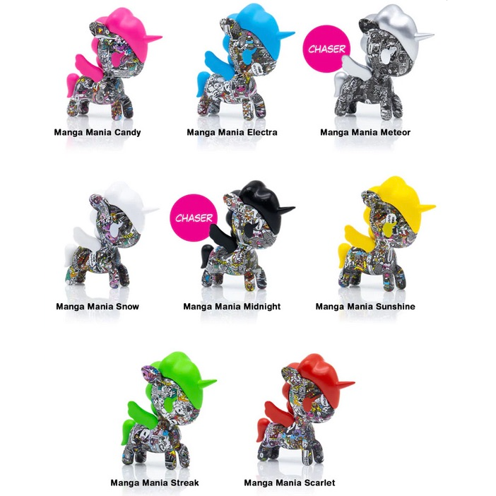 A group of tiny pony figurines in various colors inspired by the Manga Mania Unicorno Blind Box from tokidoki.