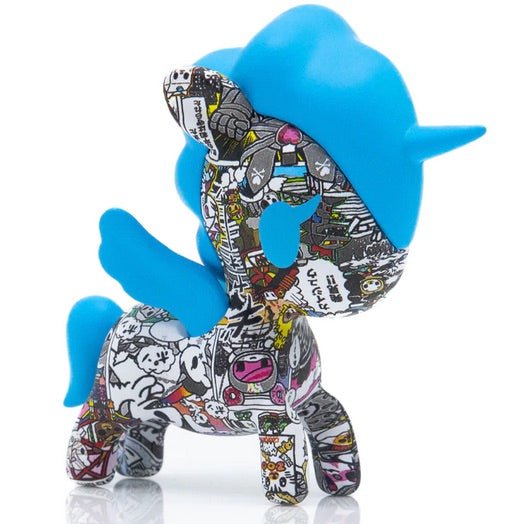 A blue Manga Mania Unicorno Blind Box toy unicorn with a horn by tokidoki.
